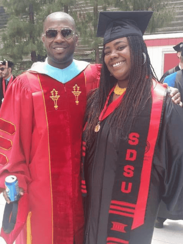 Shareka White (‘11, ‘15) at her MA program graduation in PELSA with Frank Harris.
